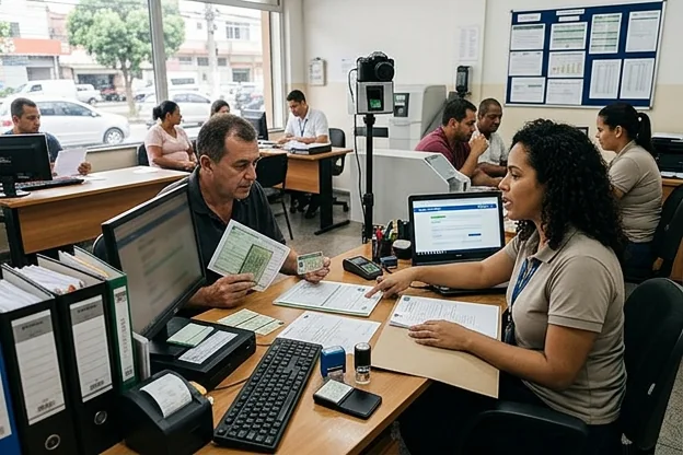 Profissional ajudando em licenciamento e renovação de CNH em ambiente de trabalho.