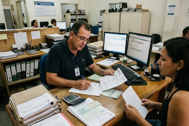 Profissional analisando recursos de multas com um cliente.