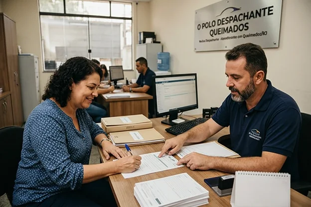 Transferência de veículo sendo feita em um ambiente de trabalho.
